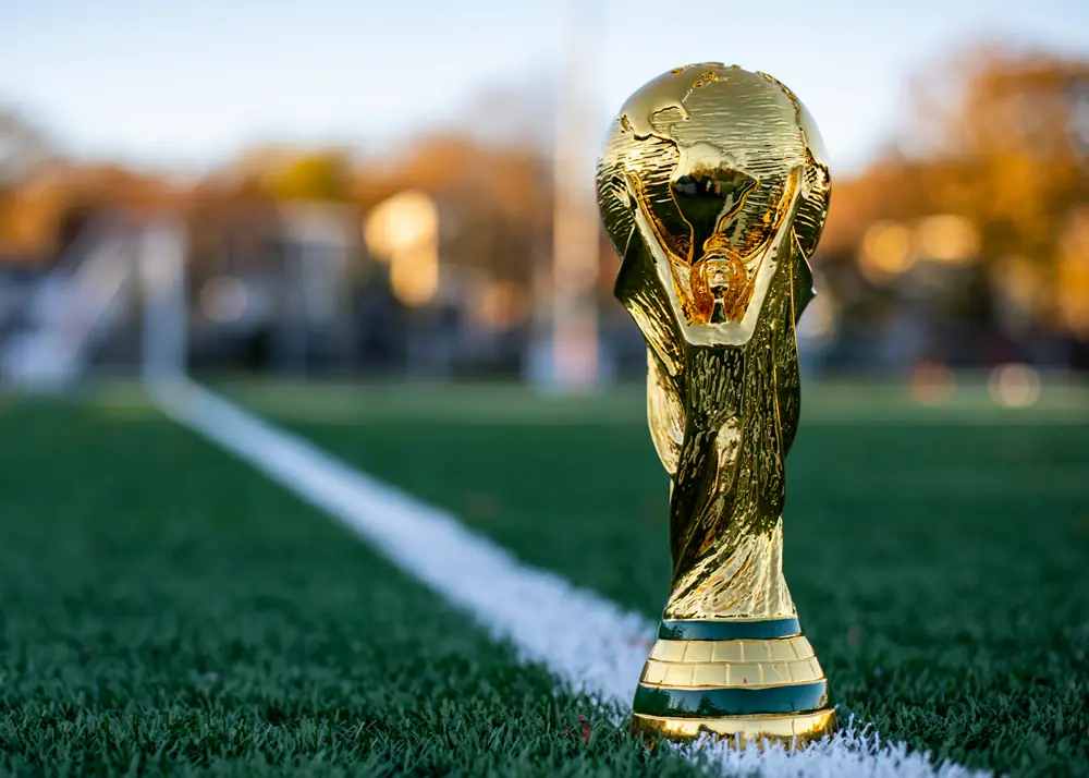 World Cup trophy on a football field