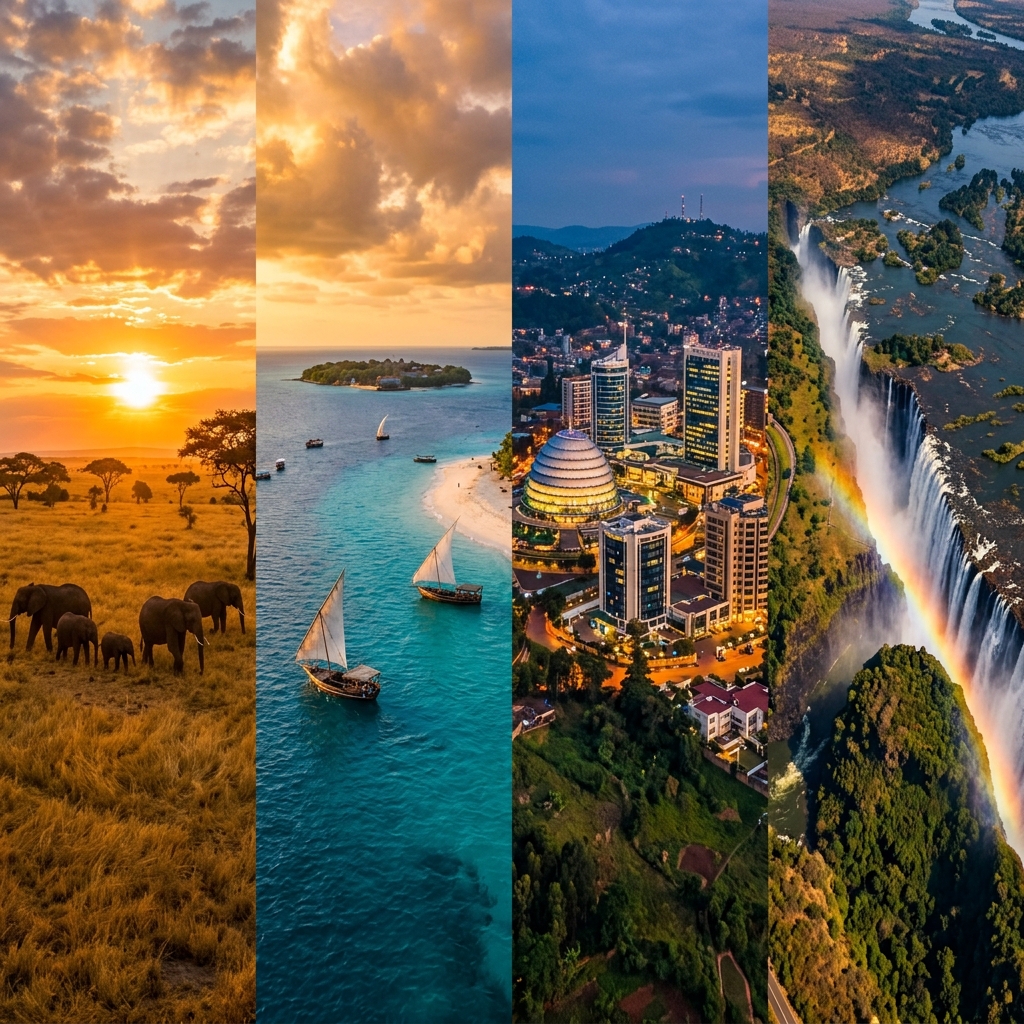 Pan Africa tourism destinations — Serengeti, Zanzibar, Kigali, Victoria Falls